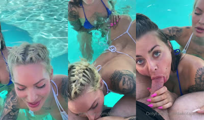 Dakota James And Her Friend Give Blowjob In The Pool